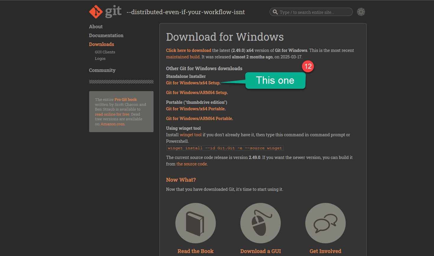 Git for Windows download page with the x64 standalone installer link